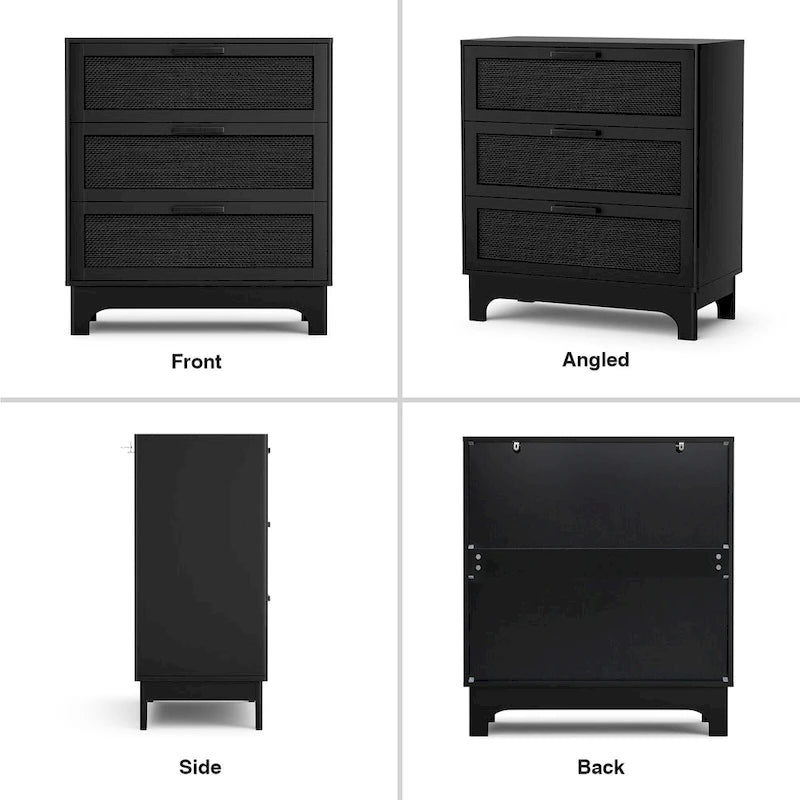 Black 3-Drawer Dresser Modern Rattan Chest of Drawers Accent Storage Cabinet for Bedroom