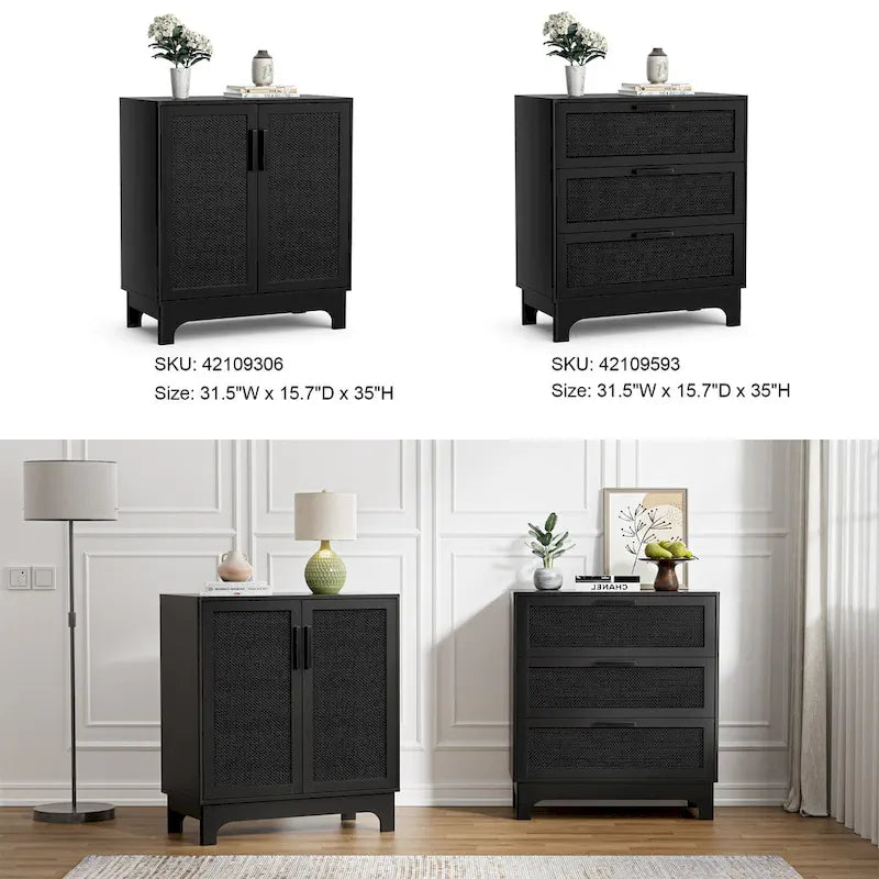 Black 3-Drawer Dresser Modern Rattan Chest of Drawers Accent Storage Cabinet for Bedroom