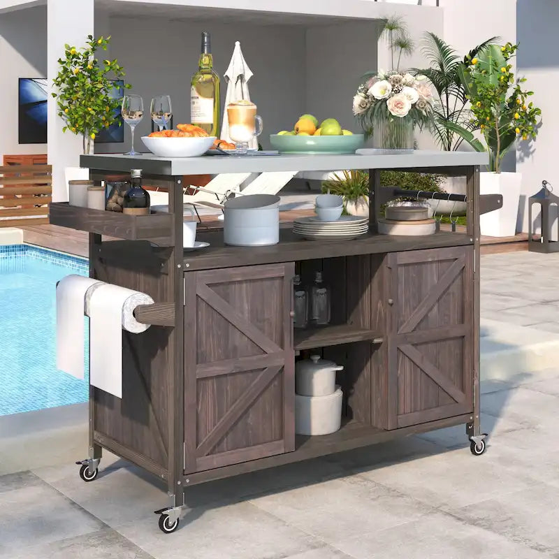 Outdoor Kitchen Island, Rolling Bar Cart & Storage Cabinet, Farmhouse Outdoor Grill Table with Stainless Steel Top & Towel Rack