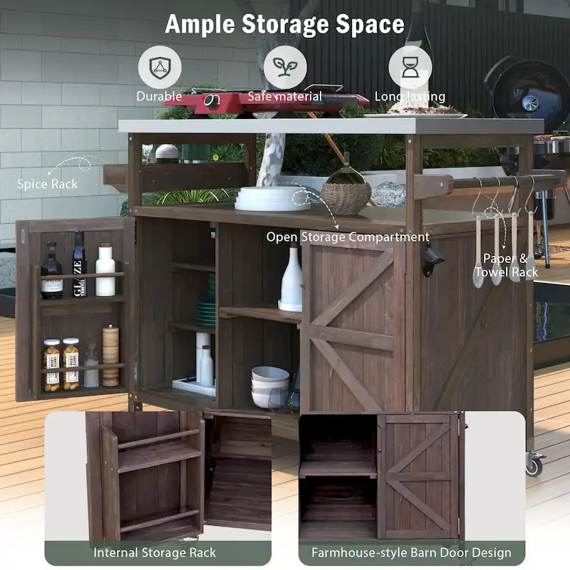 Outdoor Kitchen Island, Rolling Bar Cart & Storage Cabinet, Farmhouse Outdoor Grill Table with Stainless Steel Top & Towel Rack