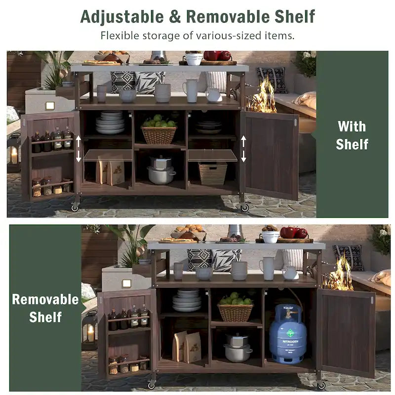 Outdoor Kitchen Island, Rolling Bar Cart & Storage Cabinet, Farmhouse Outdoor Grill Table with Stainless Steel Top & Towel Rack