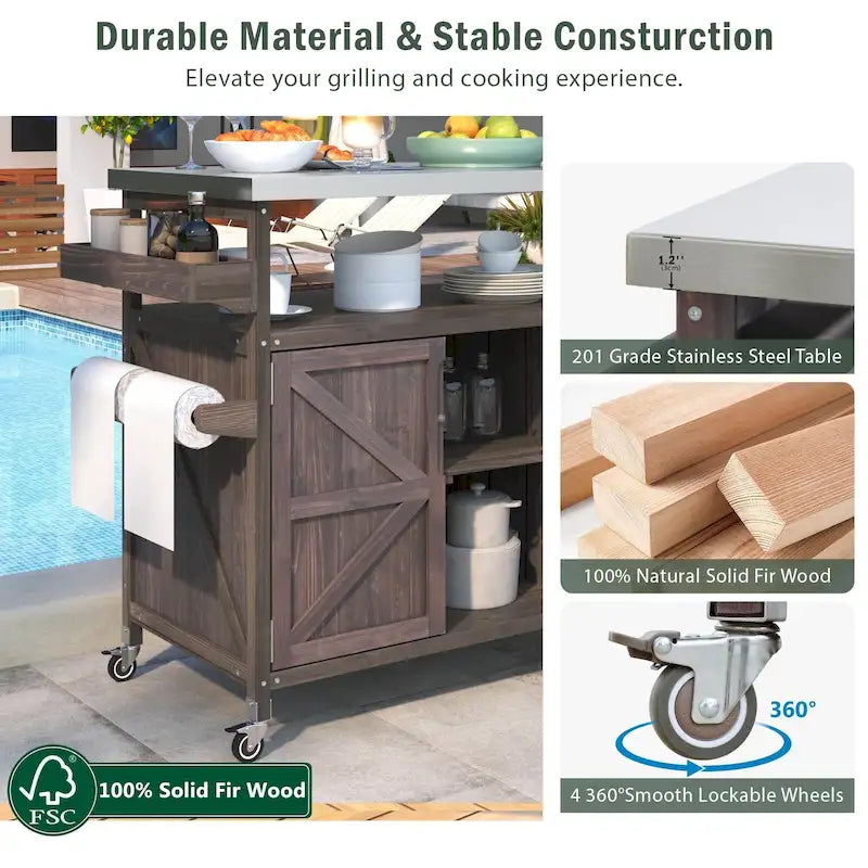 Outdoor Kitchen Island, Rolling Bar Cart & Storage Cabinet, Farmhouse Outdoor Grill Table with Stainless Steel Top & Towel Rack