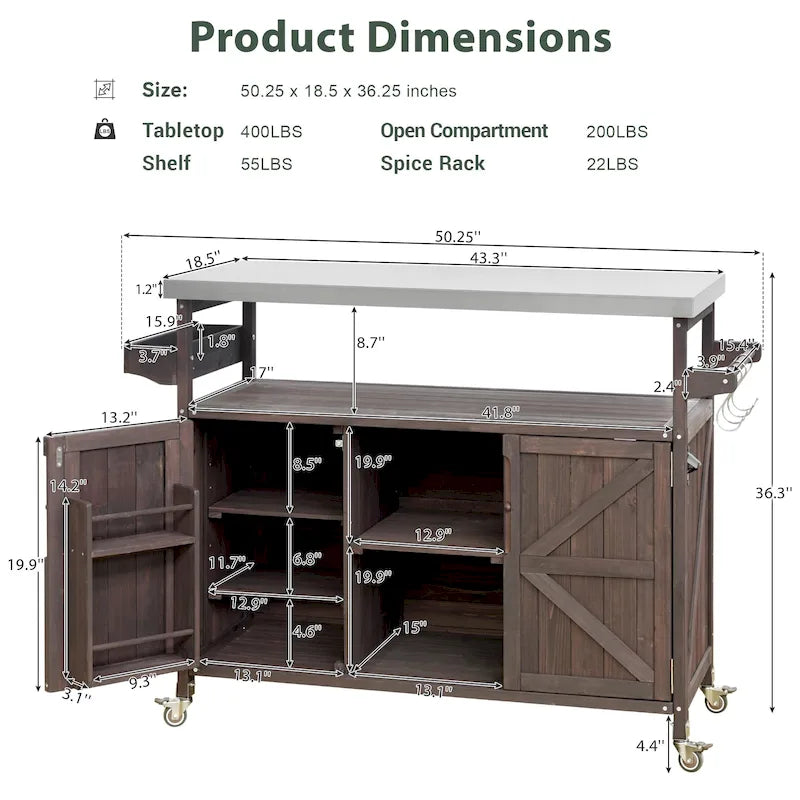 Outdoor Kitchen Island, Rolling Bar Cart & Storage Cabinet, Farmhouse Outdoor Grill Table with Stainless Steel Top & Towel Rack