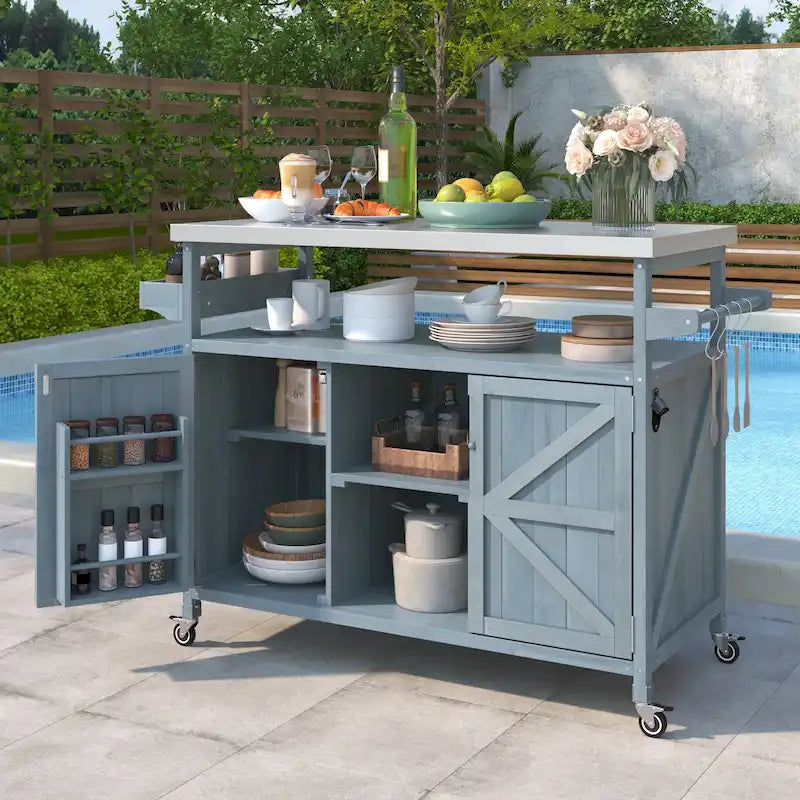 Outdoor Kitchen Island, Rolling Bar Cart & Storage Cabinet, Farmhouse Outdoor Grill Table with Stainless Steel Top & Towel Rack