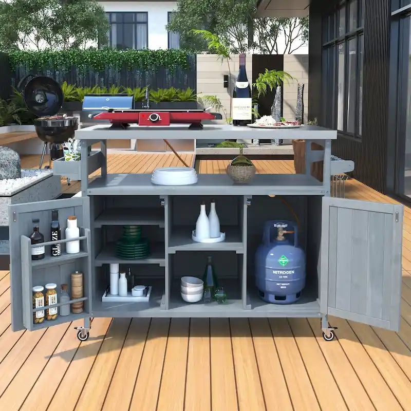 Outdoor Kitchen Island, Rolling Bar Cart & Storage Cabinet, Farmhouse Outdoor Grill Table with Stainless Steel Top & Towel Rack