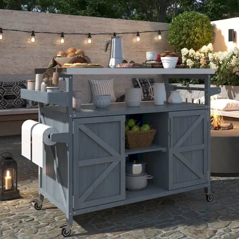 Outdoor Kitchen Island, Rolling Bar Cart & Storage Cabinet, Farmhouse Outdoor Grill Table with Stainless Steel Top & Towel Rack