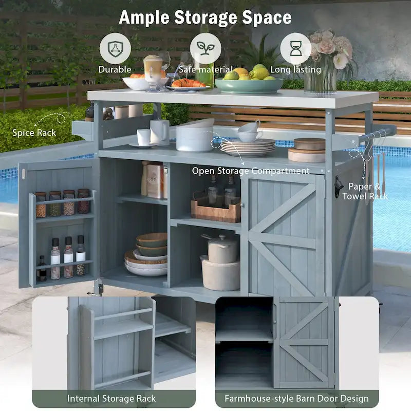 Outdoor Kitchen Island, Rolling Bar Cart & Storage Cabinet, Farmhouse Outdoor Grill Table with Stainless Steel Top & Towel Rack