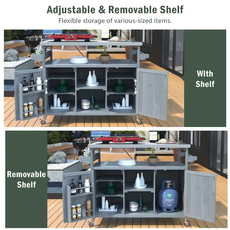 Outdoor Kitchen Island, Rolling Bar Cart & Storage Cabinet, Farmhouse Outdoor Grill Table with Stainless Steel Top & Towel Rack