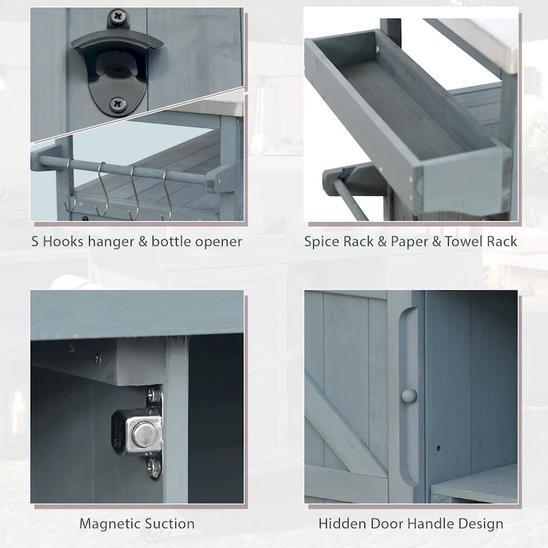Outdoor Kitchen Island, Rolling Bar Cart & Storage Cabinet, Farmhouse Outdoor Grill Table with Stainless Steel Top & Towel Rack