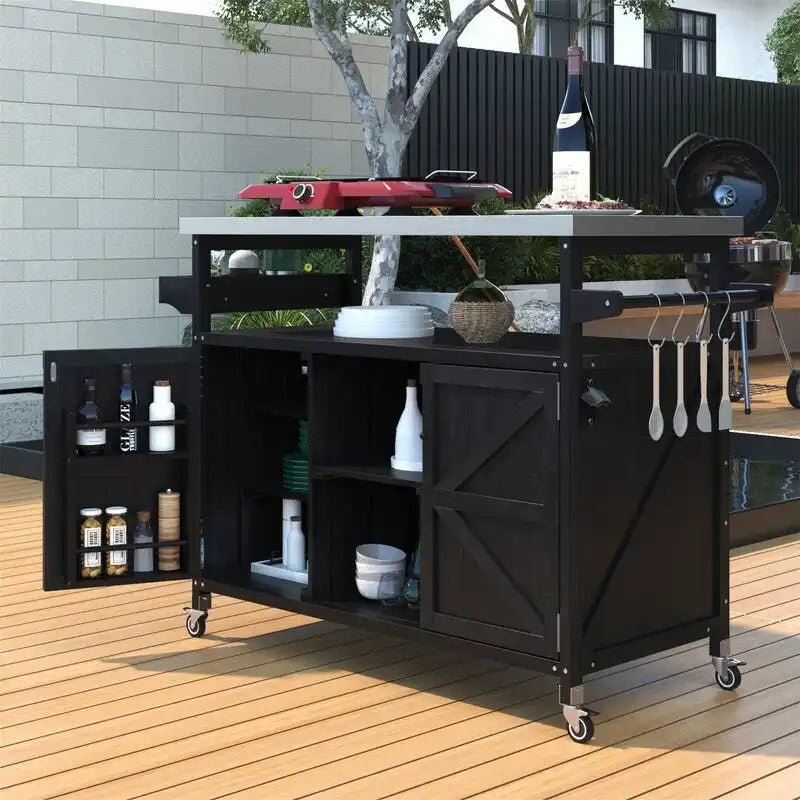Outdoor Kitchen Island, Rolling Bar Cart & Storage Cabinet, Farmhouse Outdoor Grill Table with Stainless Steel Top & Towel Rack