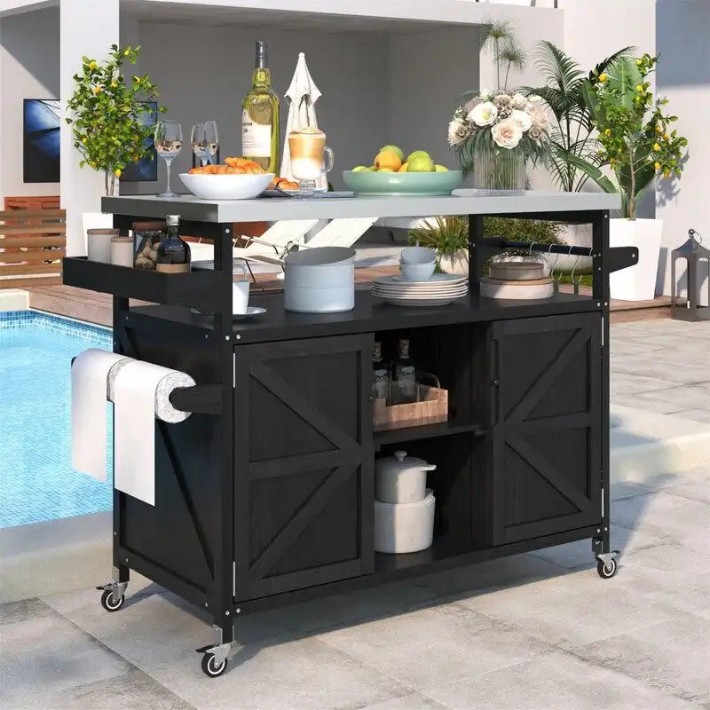 Outdoor Kitchen Island, Rolling Bar Cart & Storage Cabinet, Farmhouse Outdoor Grill Table with Stainless Steel Top & Towel Rack