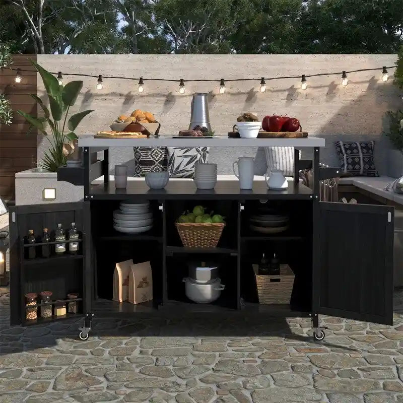 Outdoor Kitchen Island, Rolling Bar Cart & Storage Cabinet, Farmhouse Outdoor Grill Table with Stainless Steel Top & Towel Rack