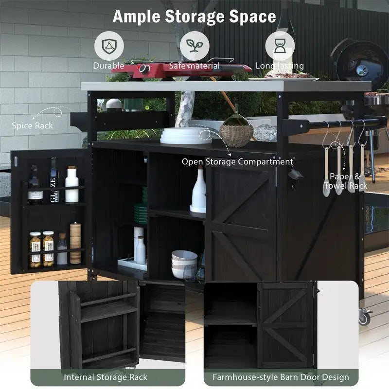 Outdoor Kitchen Island, Rolling Bar Cart & Storage Cabinet, Farmhouse Outdoor Grill Table with Stainless Steel Top & Towel Rack