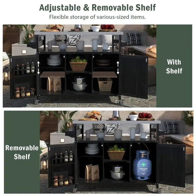 Outdoor Kitchen Island, Rolling Bar Cart & Storage Cabinet, Farmhouse Outdoor Grill Table with Stainless Steel Top & Towel Rack