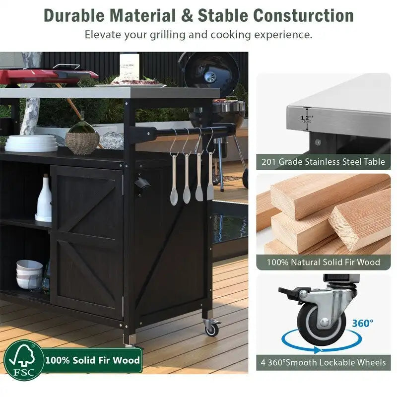 Outdoor Kitchen Island, Rolling Bar Cart & Storage Cabinet, Farmhouse Outdoor Grill Table with Stainless Steel Top & Towel Rack