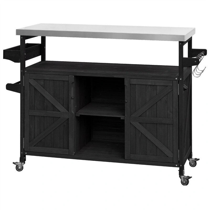 Outdoor Kitchen Island, Rolling Bar Cart & Storage Cabinet, Farmhouse Outdoor Grill Table with Stainless Steel Top & Towel Rack