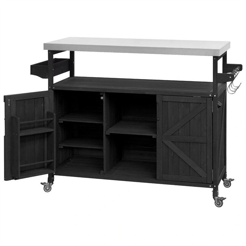 Outdoor Kitchen Island, Rolling Bar Cart & Storage Cabinet, Farmhouse Outdoor Grill Table with Stainless Steel Top & Towel Rack