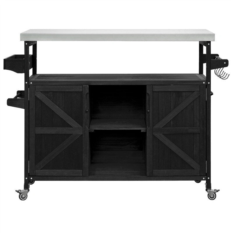 Outdoor Kitchen Island, Rolling Bar Cart & Storage Cabinet, Farmhouse Outdoor Grill Table with Stainless Steel Top & Towel Rack
