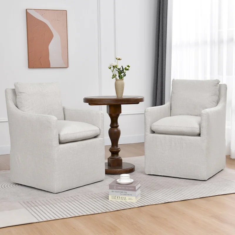 Linen 25 Upholstered Swiveling Rolling Dining Chairs with Casters