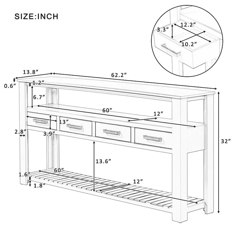 Modern Console Table with 4 Drawers and 2 Shelves