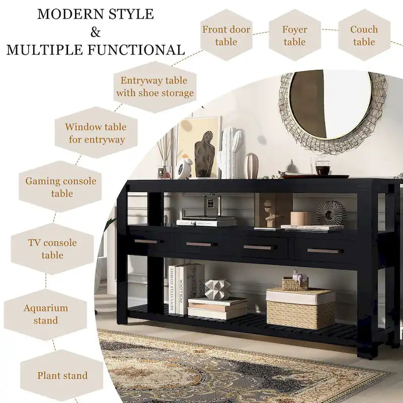 Modern Console Table with 4 Drawers and 2 Shelves
