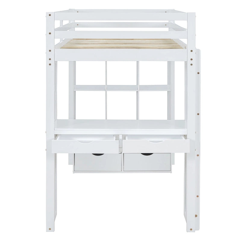 Loft Bed with Large Shelves, Writing Desk and LED Light