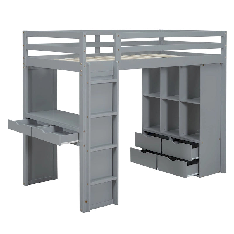 Loft Bed with Large Shelves, Writing Desk and LED Light