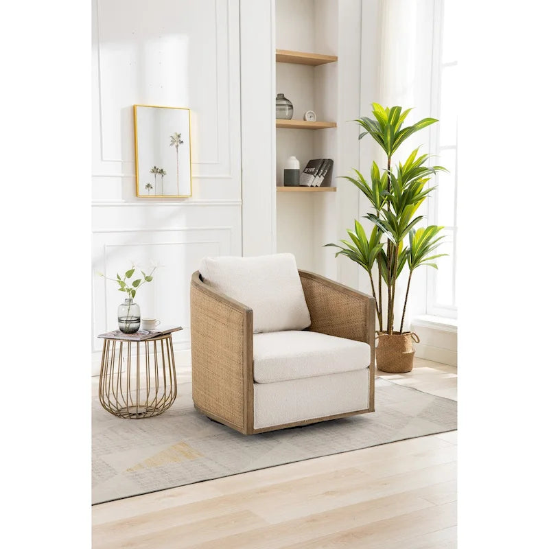Drehbarer Sessel in Fassform, bequemer runder Akzentstuhl, um 360 Grad drehbarer Clubsessel in Fassform, Relaxsessel mit Rattan-Geflechtgestell