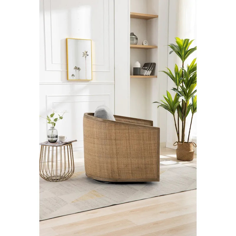 Swivel Barrel Chair, Comfy Round Accent Chair, 360 Degree Swivel Barrel Club Chair, Leisure Arm Chair with Rattan Woven Frame