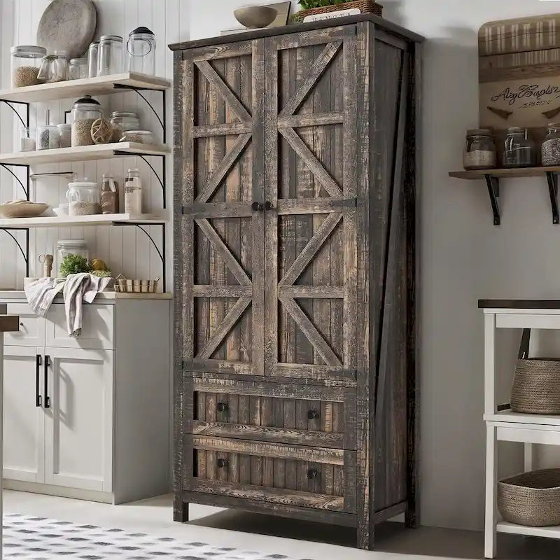 64 Farmhouse Tall Kitchen Pantry Storage Cabinet with 2 Drawers & Doors