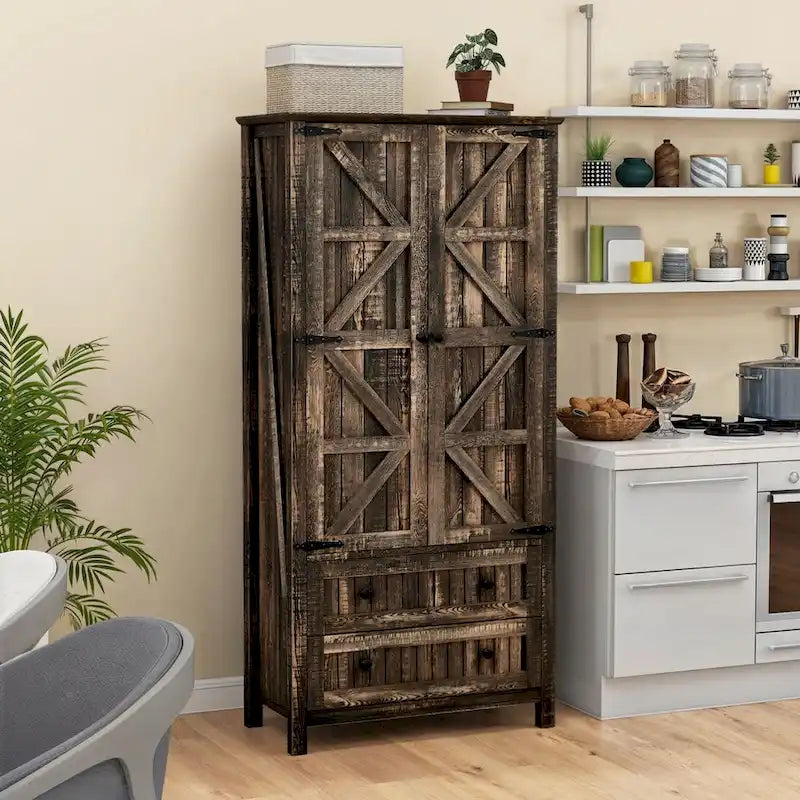 64 Farmhouse Tall Kitchen Pantry Storage Cabinet with 2 Drawers & Doors
