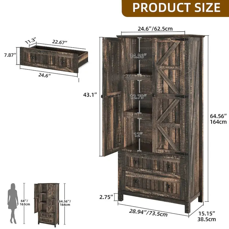 64 Farmhouse Tall Kitchen Pantry Storage Cabinet with 2 Drawers & Doors