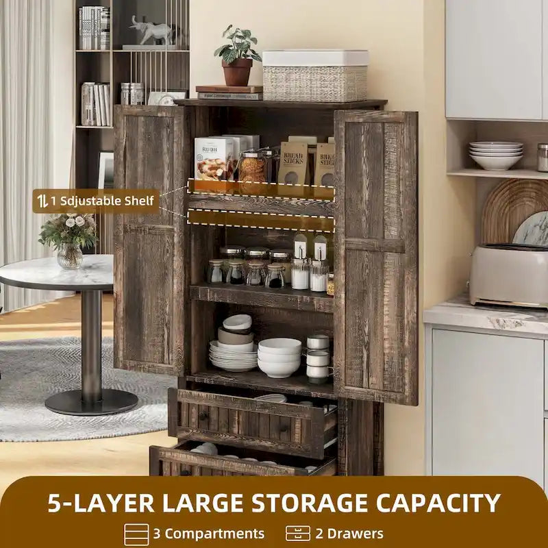 64 Farmhouse Tall Kitchen Pantry Storage Cabinet with 2 Drawers & Doors