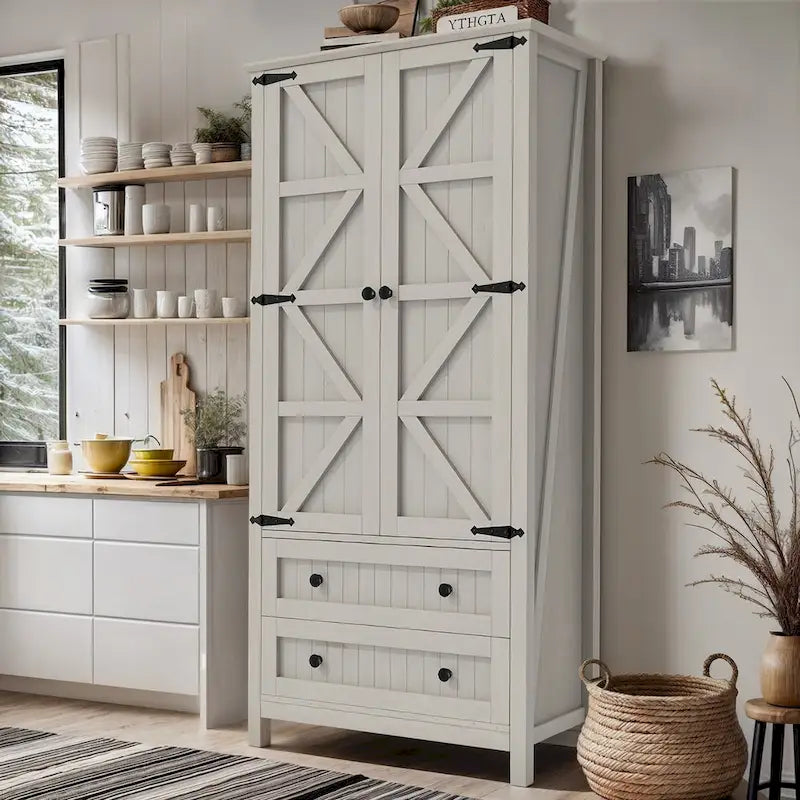 64 Farmhouse Tall Kitchen Pantry Storage Cabinet with 2 Drawers & Doors