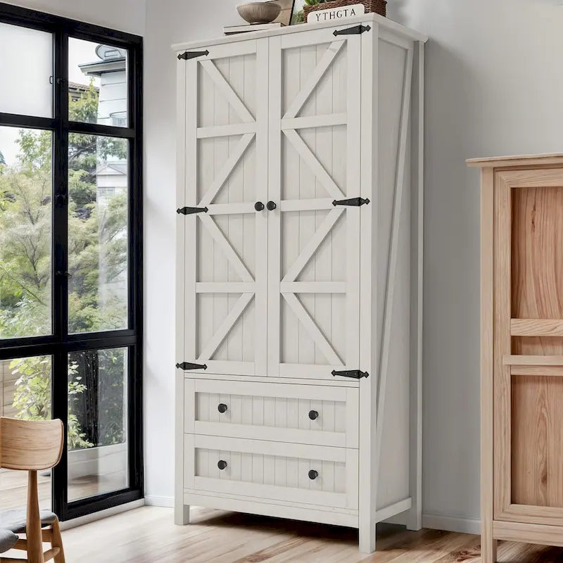 64 Farmhouse Tall Kitchen Pantry Storage Cabinet with 2 Drawers & Doors