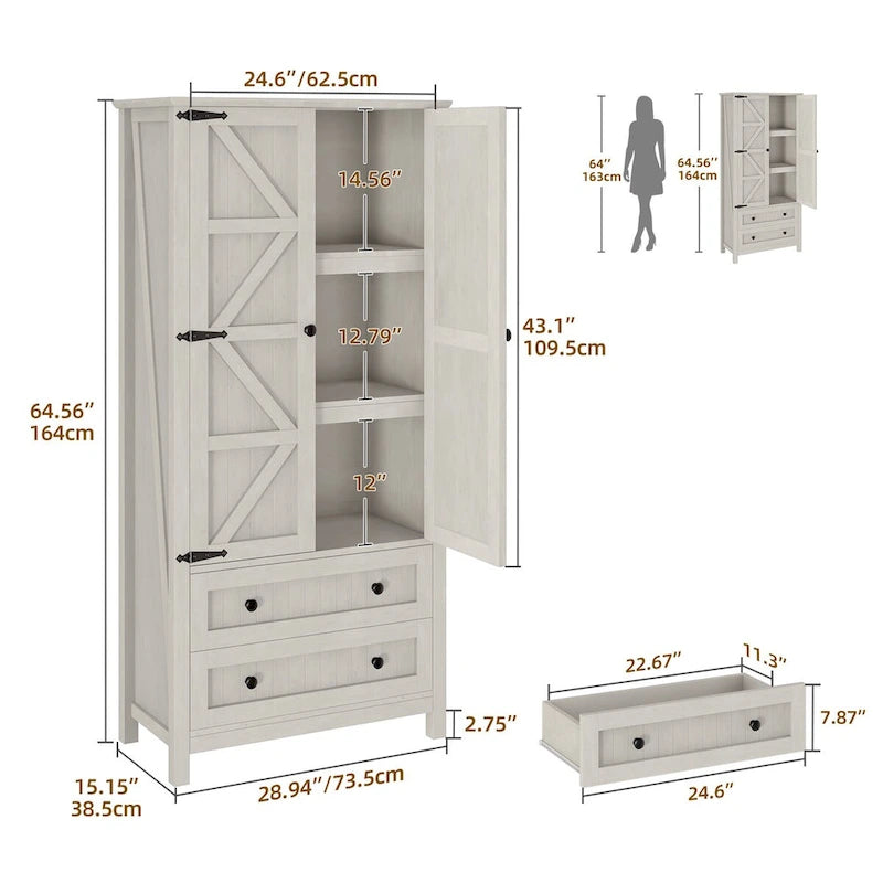 64 Farmhouse Tall Kitchen Pantry Storage Cabinet with 2 Drawers & Doors