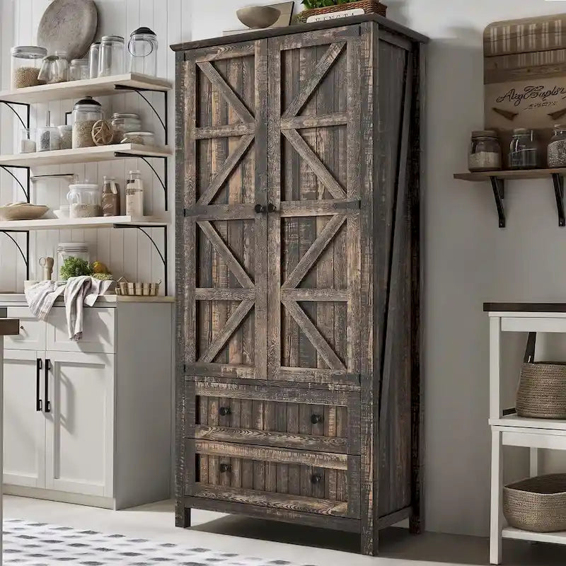 64 Farmhouse Tall Kitchen Pantry Storage Cabinet with 2 Drawers & Doors