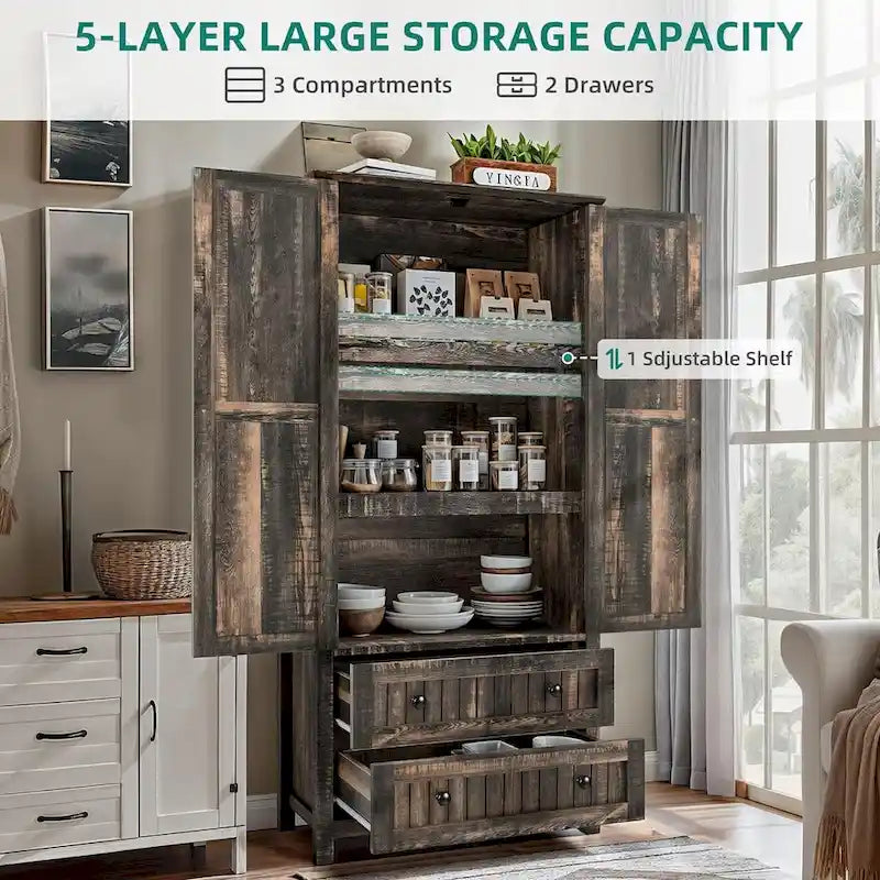64 Farmhouse Tall Kitchen Pantry Storage Cabinet with 2 Drawers & Doors