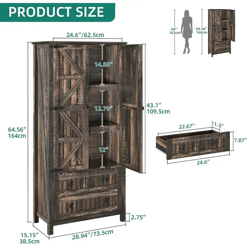 64 Farmhouse Tall Kitchen Pantry Storage Cabinet with 2 Drawers & Doors